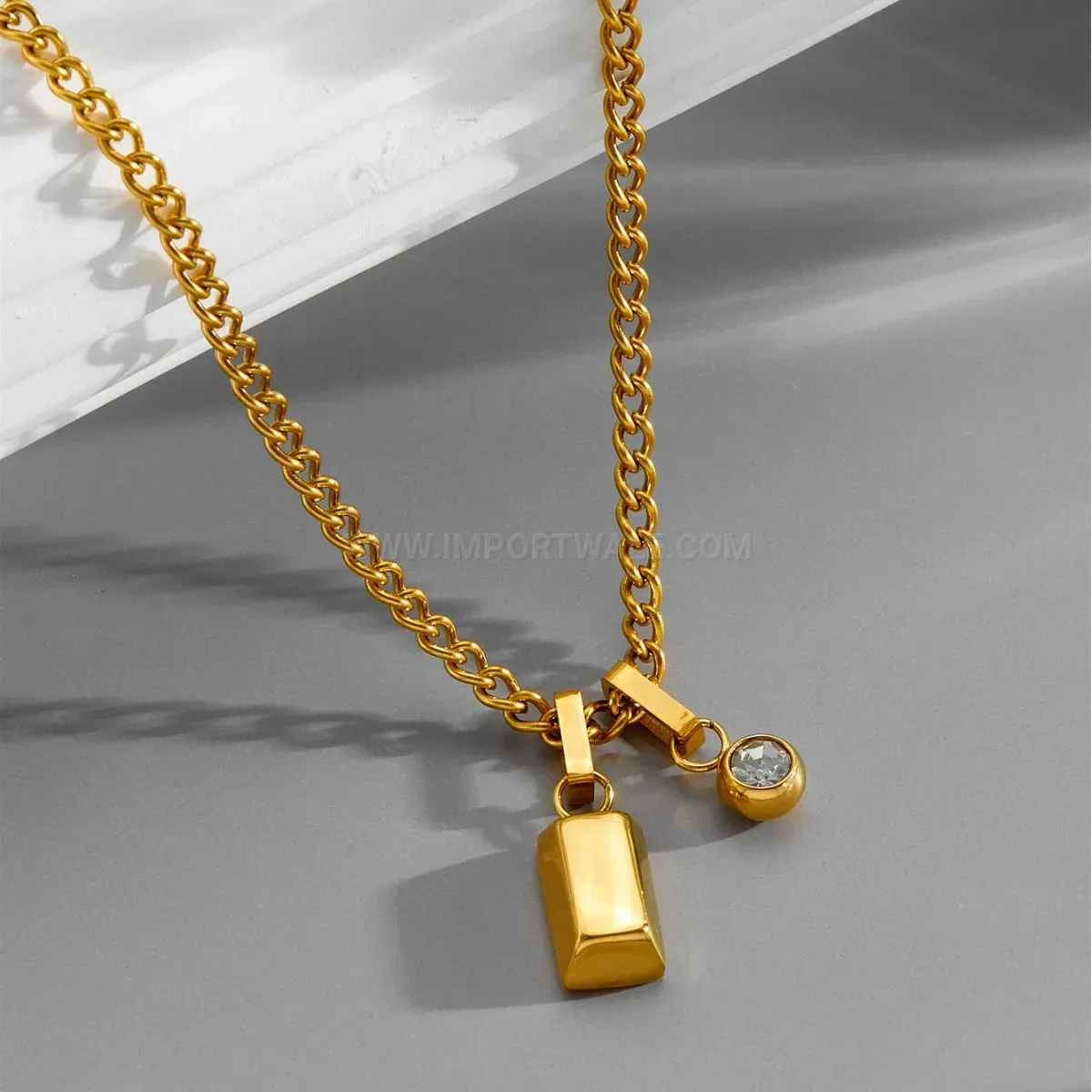Stylish Geometric Gold Inlaid Zircon Titanium Steel Pendant Necklace
