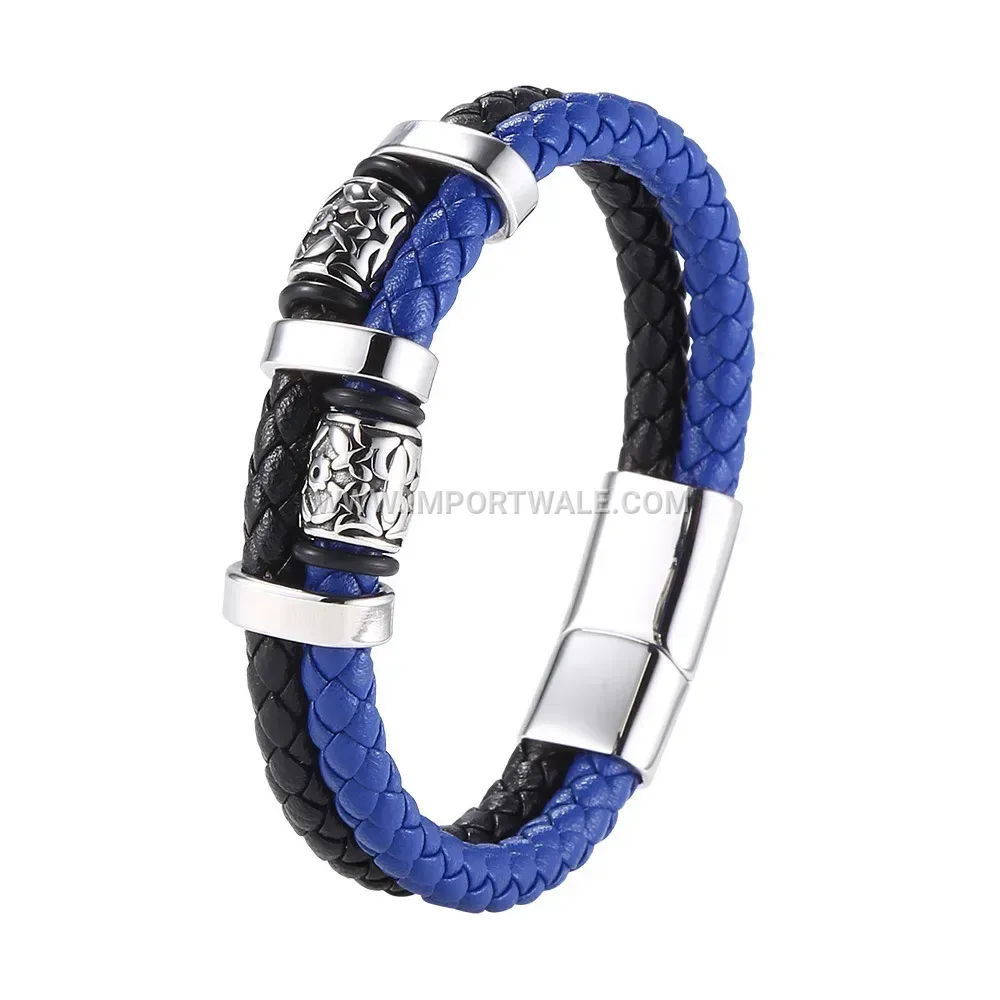 Handmade Retro Leather Bangle Bracelet with Stainless Steel Accents
