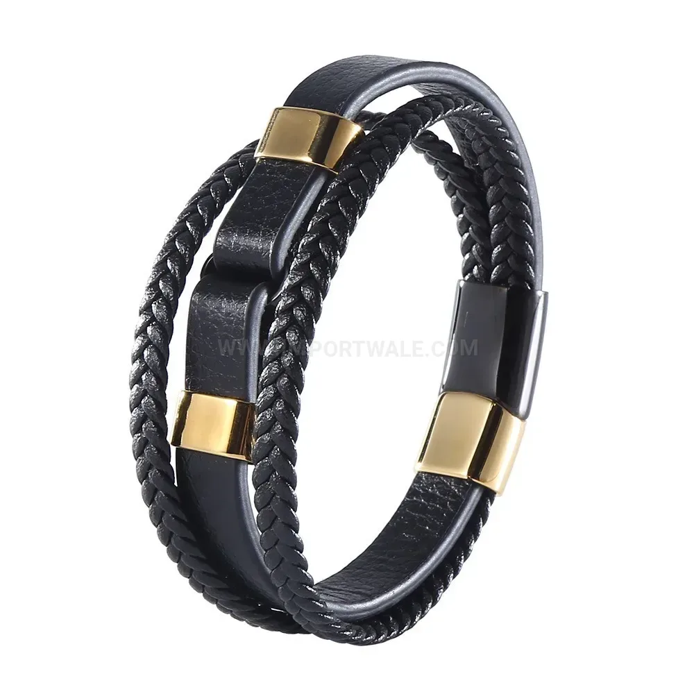 Layered Black Leather Bracelet with Gold and Black Steel Clasp