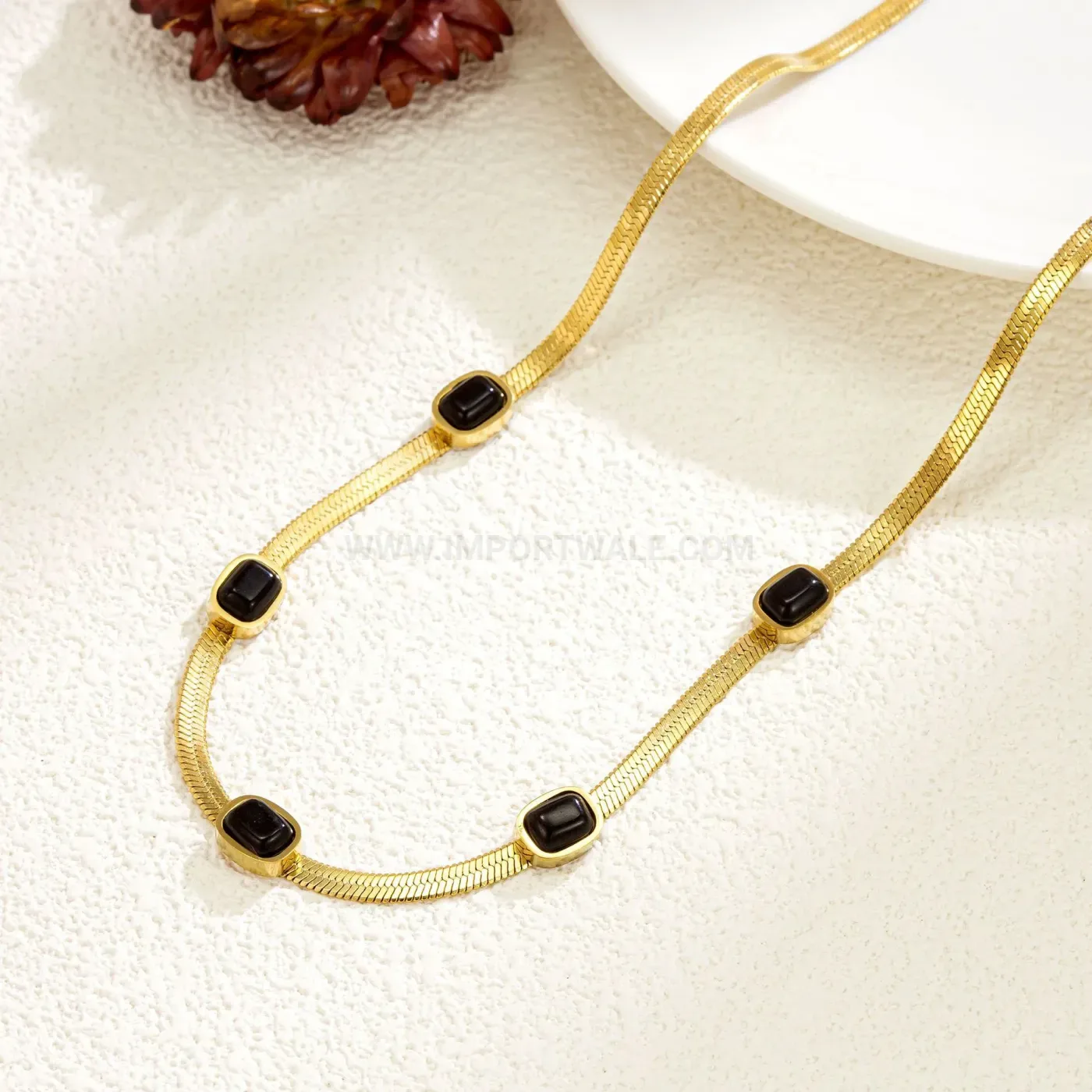 Classic Minimalist Titanium Steel Snake Chain Black Crystal Pendant Necklace