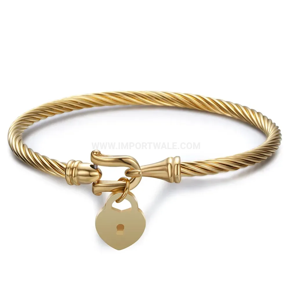 Chic 18K Gold Plated Twisted Cable Bangle with Heart Lock Clasp