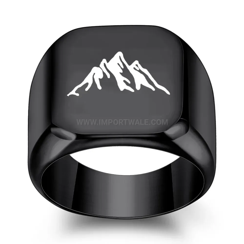Bold Laser Engraved Mountain Peak Stainless Steel Square Signet Ring