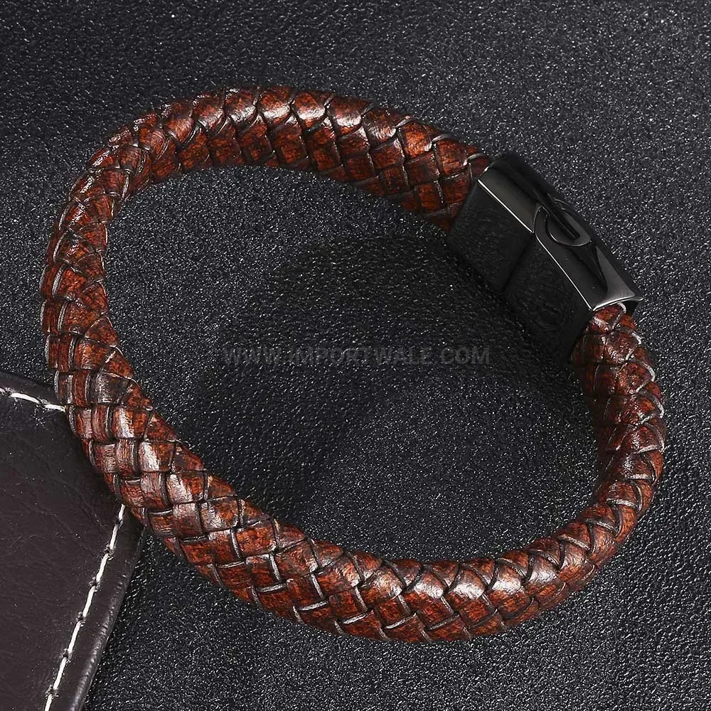 Woven Brown Leather Bracelet with Dark Stainless Steel Clasp