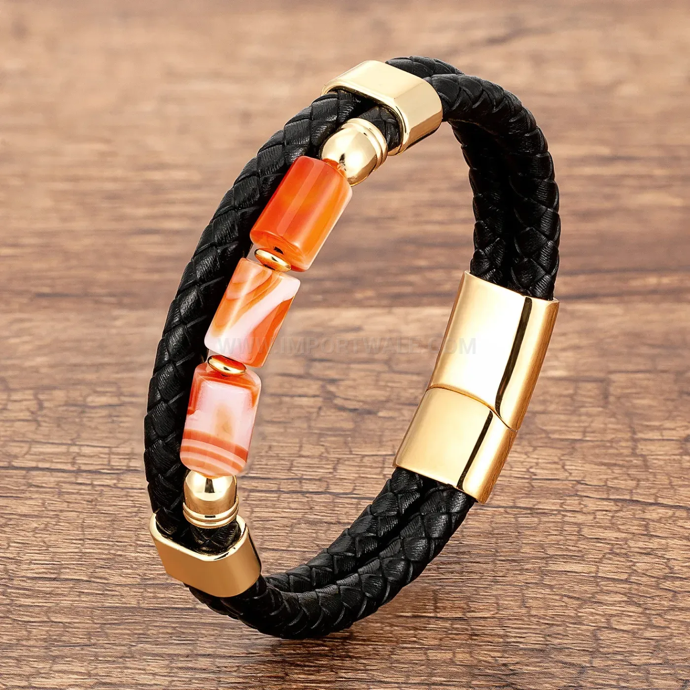 Double Layer Braided Leather Natural Stone Wristband Stainless Steel Clasp