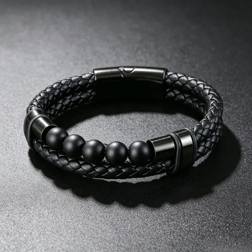Chic Multi Layer Woven Leather Bracelet with Natural Lava Stone Beads