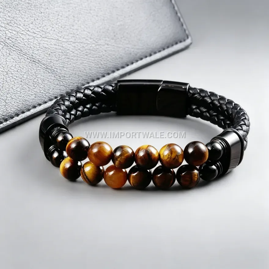 Braided Leather Wristband with Tiger Eye Stone and Magnetic Clasp