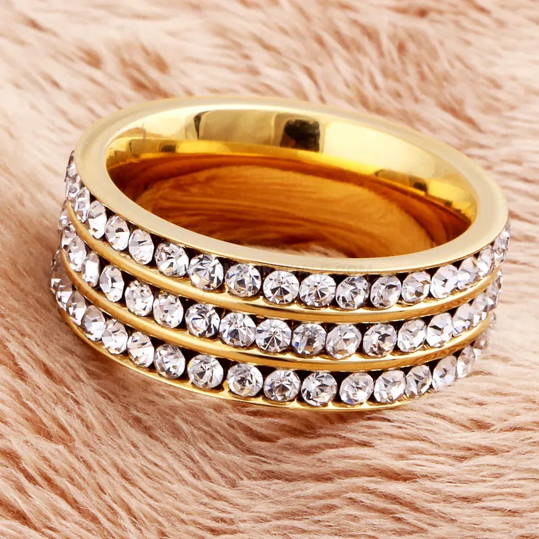 Three-Row Rhinestone Stainless Steel Statement Ring