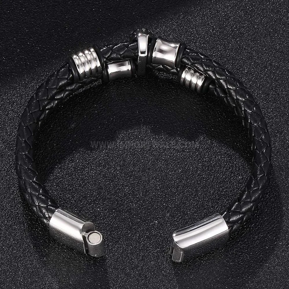 Designer Retro Skull Stainless Steel Accent Woven Leather Cord Bracelet