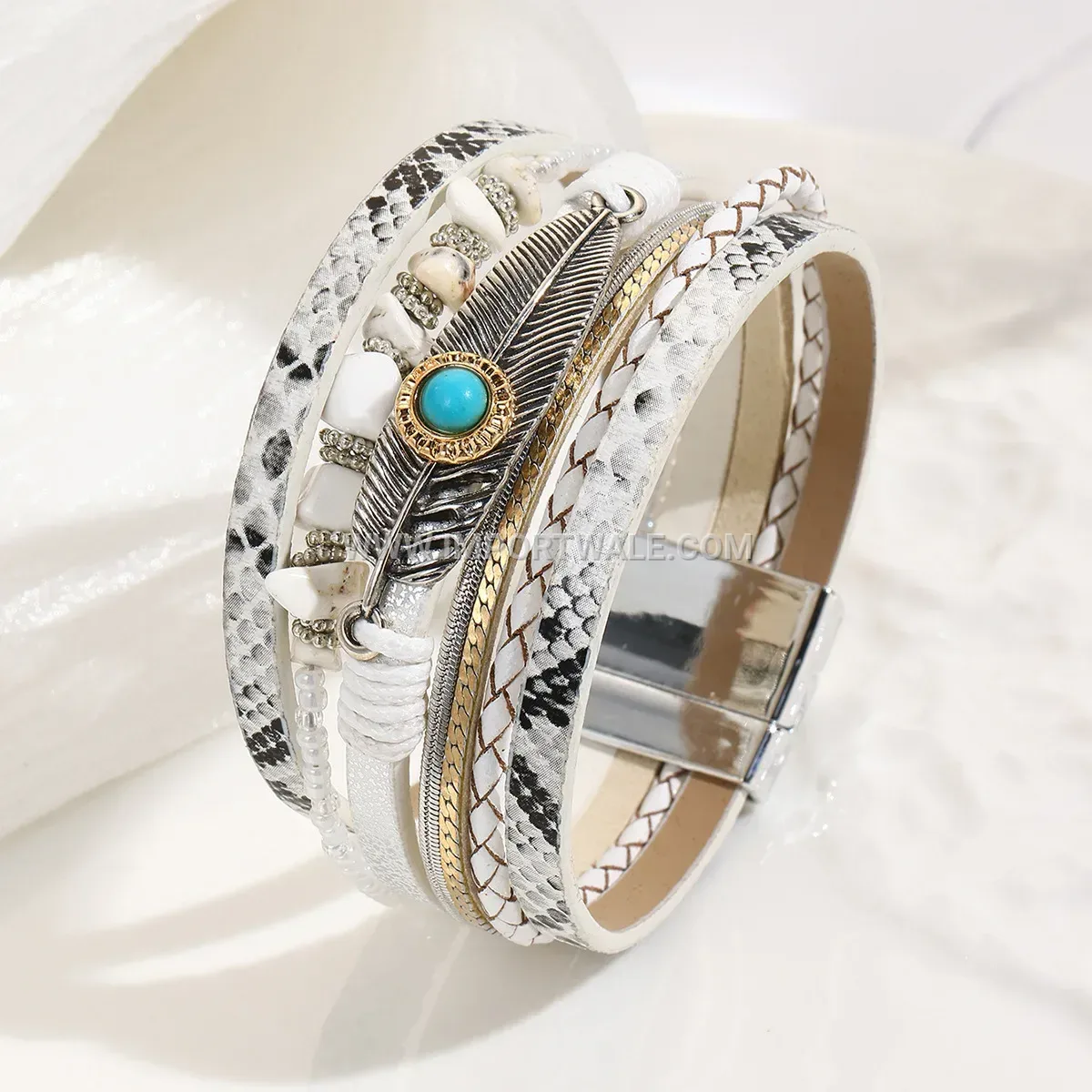 Bohemian Leather Feather Bracelet with Turquoise Accents