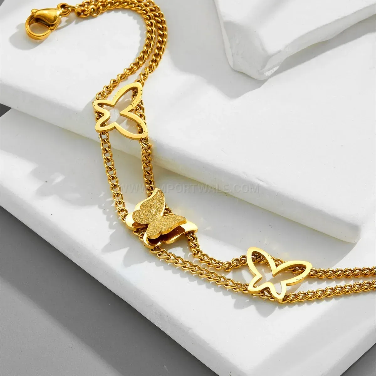 Gold Plated Layered Hollow Butterfly Charm Stainless Steel Bracelet