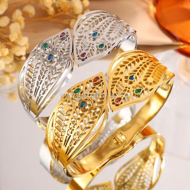 Hollow Leaf Rhinestone Stainless Steel Open Elastic Bangle