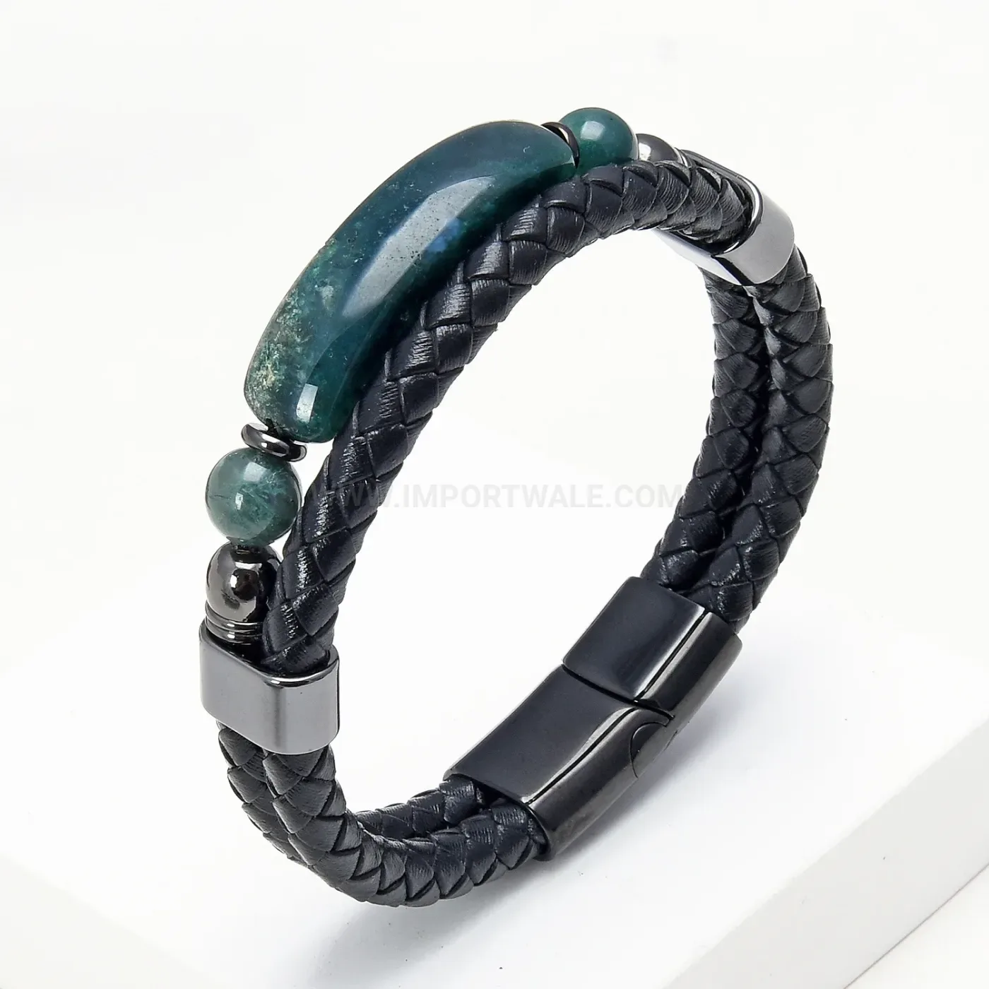 Double Layer Handmade Woven Leather Bracelet with Stainless Steel Clasp