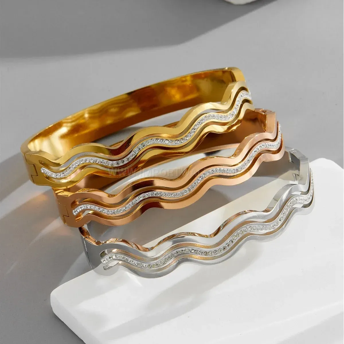 Modern Triple Water Wave Pattern Stainless Steel Crystal Bangle