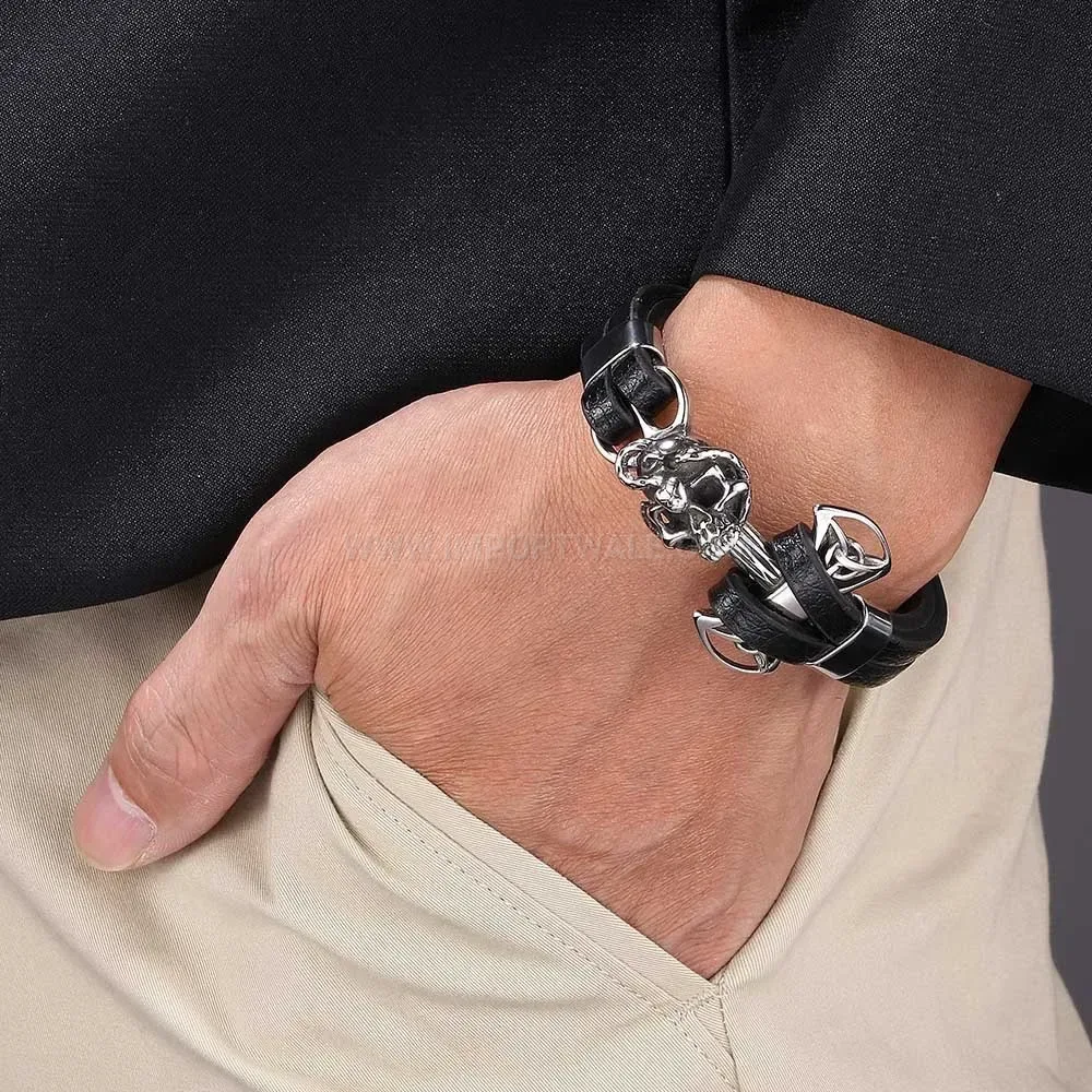 Punk Style Skull Stainless Steel Braided Leather Men's Bracelet