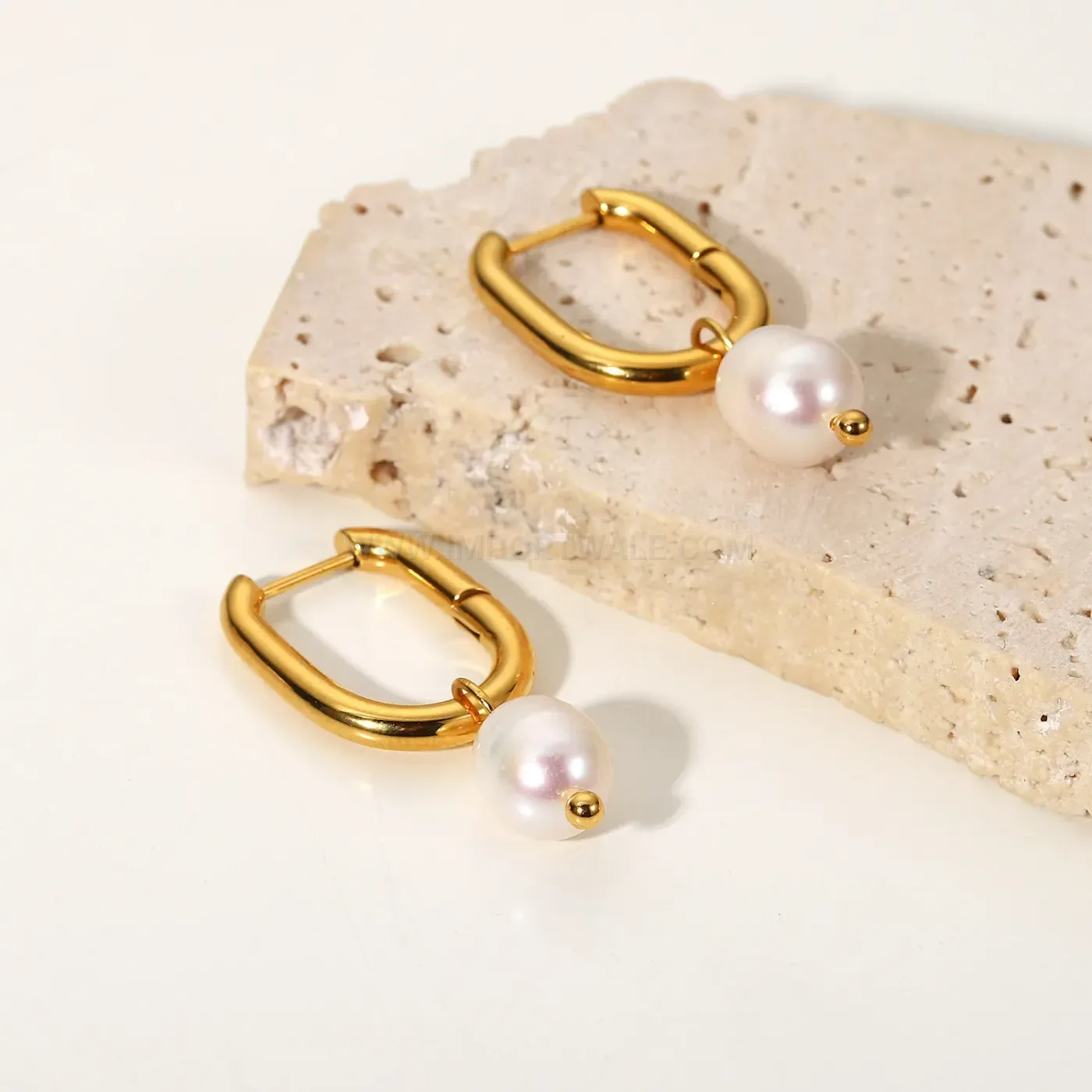 Designer Minimalist Imitation Pearl Titanium Steel Hoop Earrings