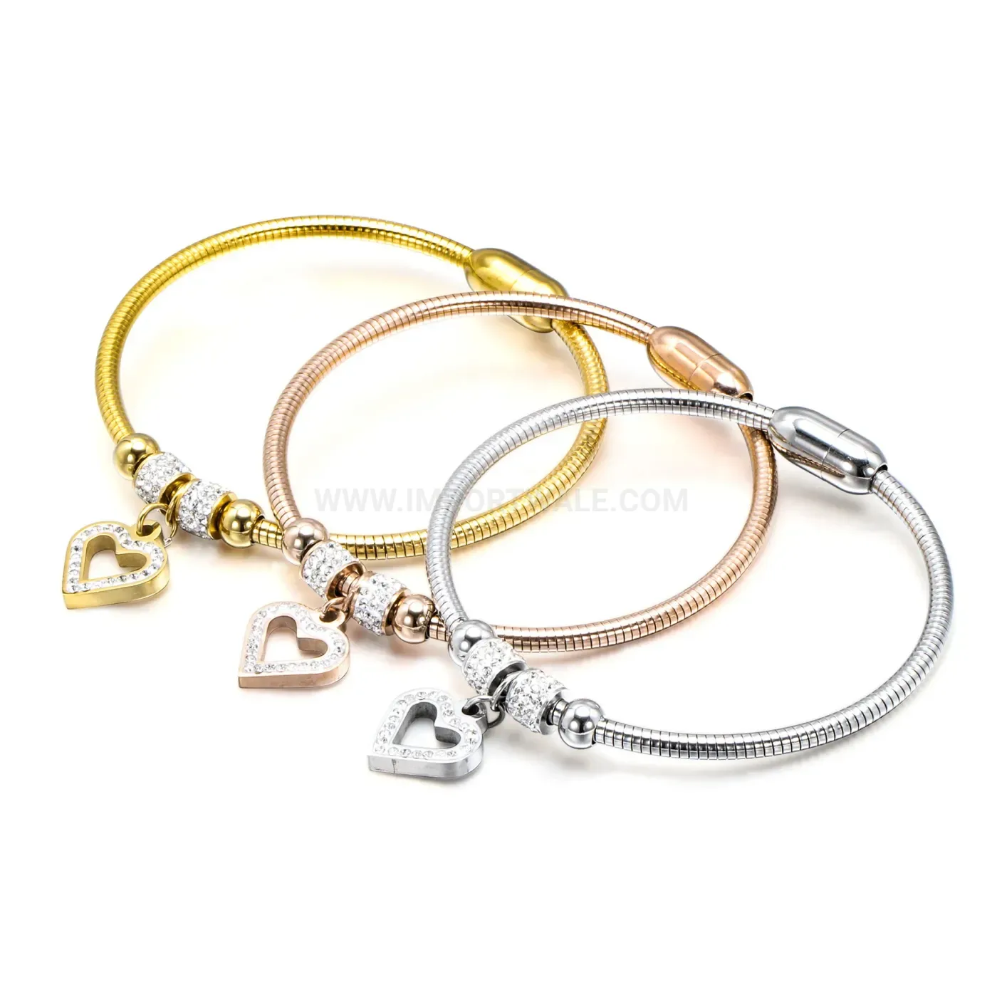 Classic Stainless Steel Heart Rhinestone Snake Chain Magnetic Bracelet