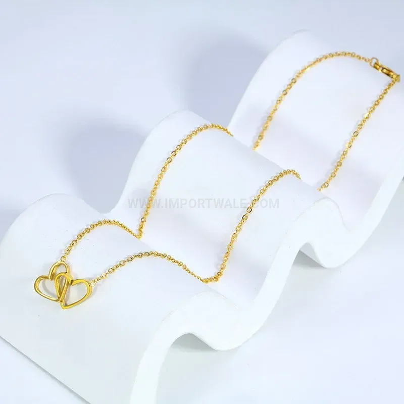 Bold Delicate Double Ring Heart Pendant Gold Titanium Steel Necklace