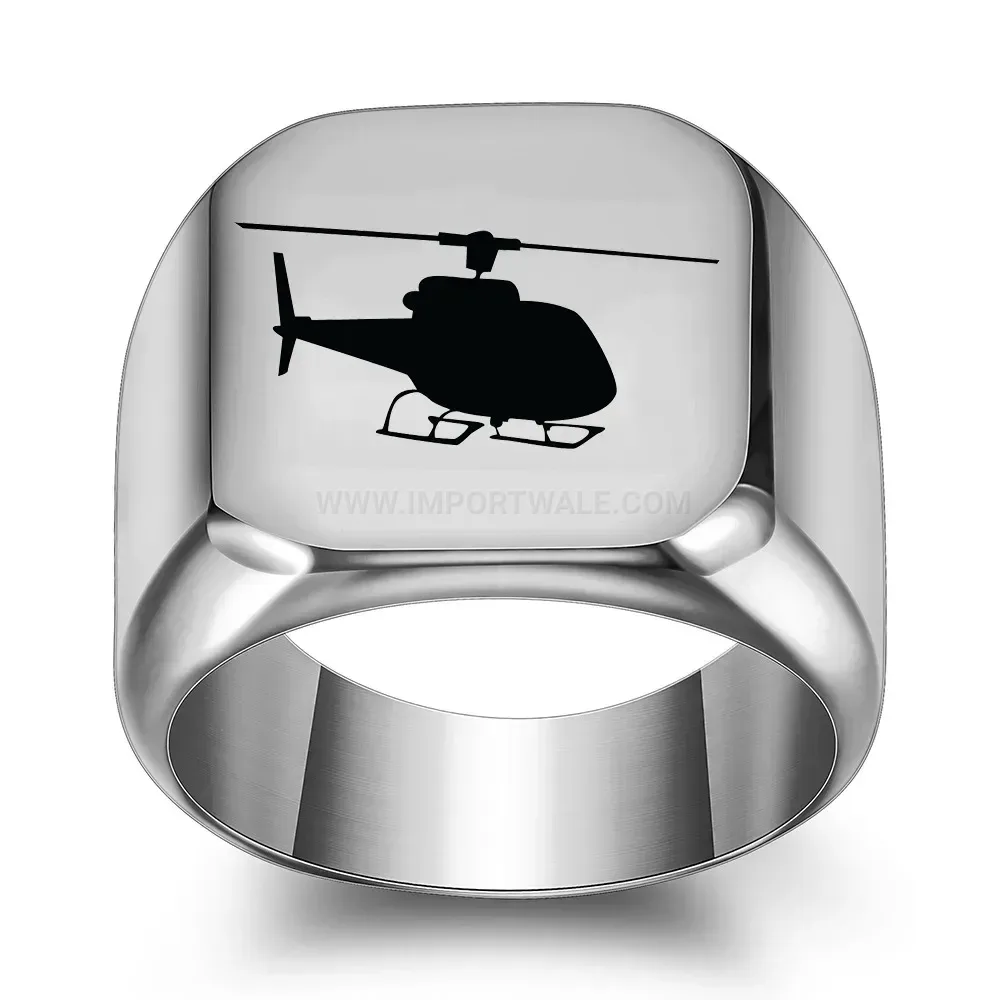 Trendy Vintage Helicopter Engraved Square Stainless Steel Signet Ring