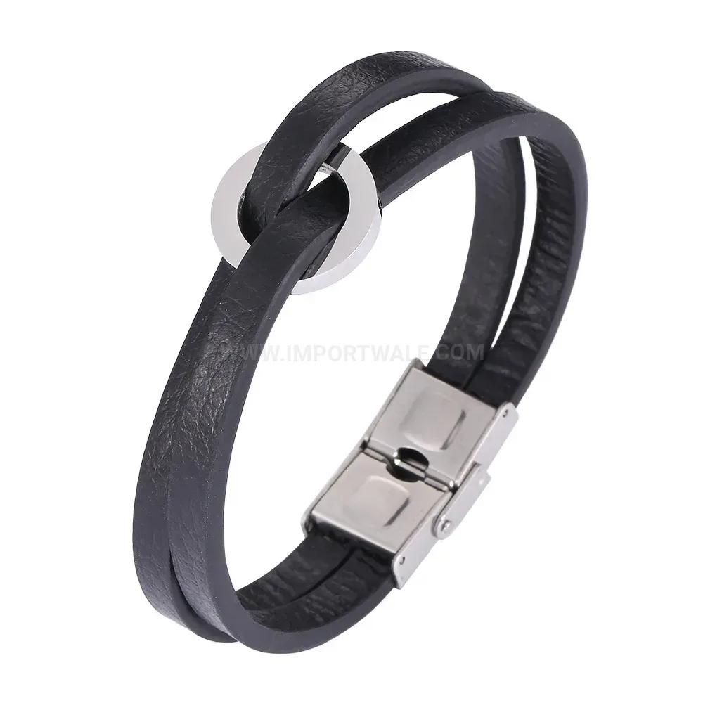 Double Strand Leather Cord Bracelet With Stainless Steel Safety Clasp