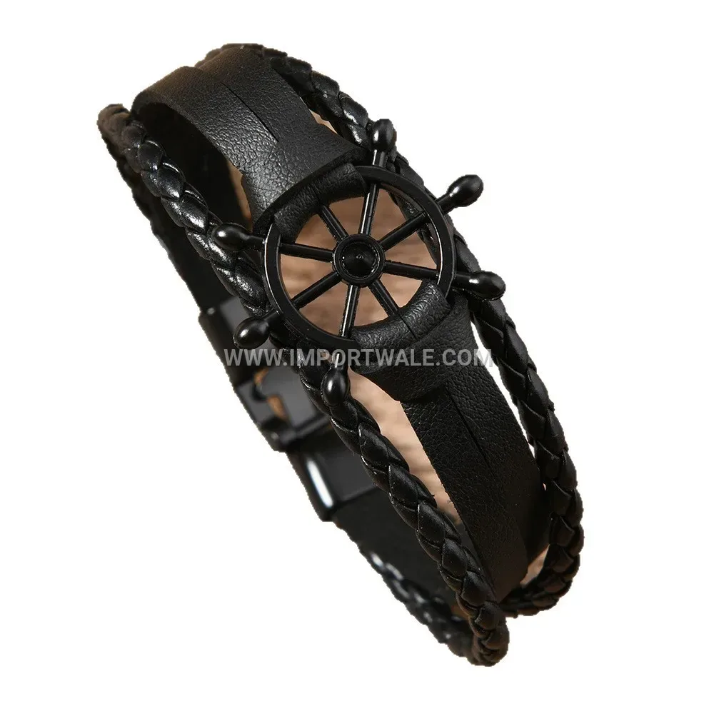 Nautical Rudder Charm Braided PU Leather Magnetic Wristband