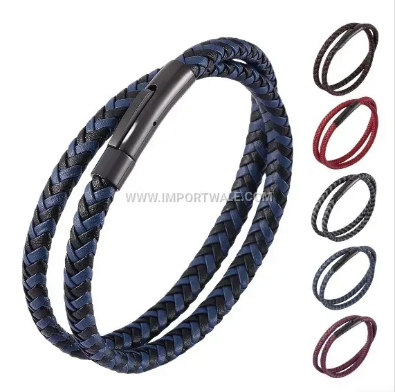 Dual Strand Braided Leather Stainless Steel Magnetic Clasp Bracelet