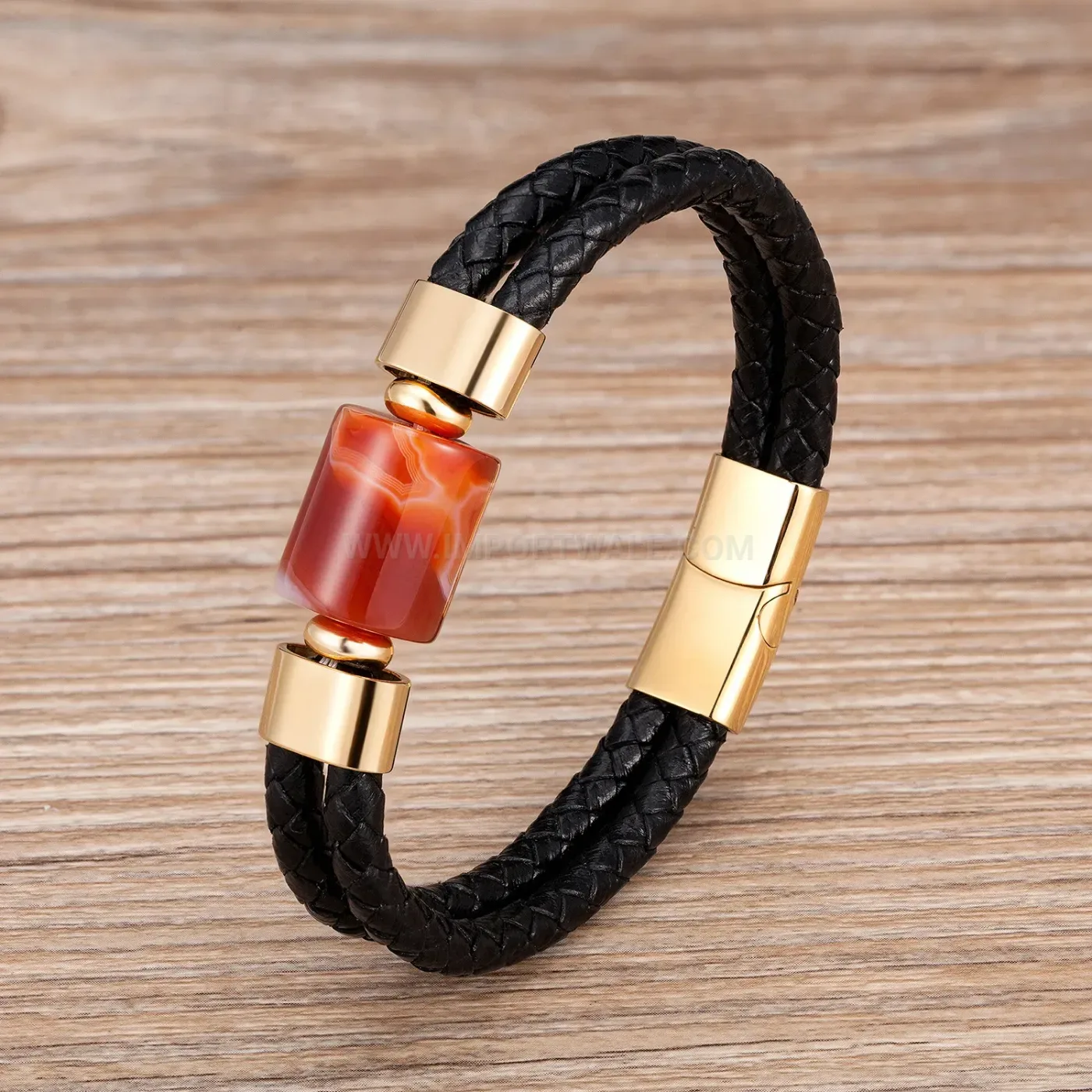 Braided Leather Stone Bracelet with Stainless Steel Clasp