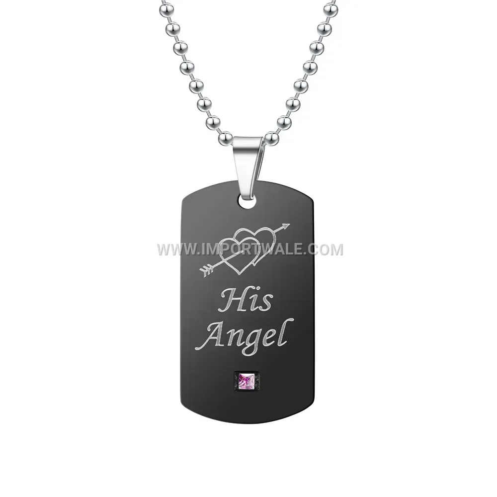 Stainless Steel Couples Dog Tag Pendant with Pink Crystal Accent