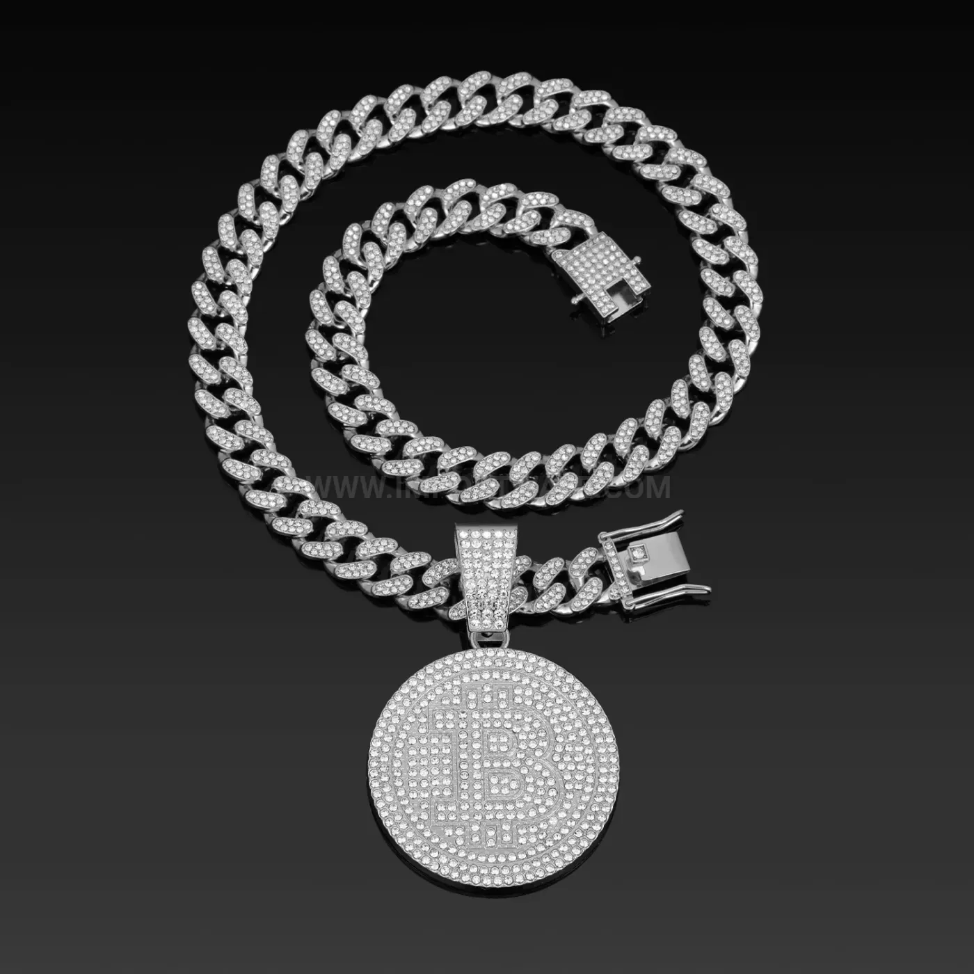Classic Rhinestone Letter B Medallion Cuban Link Pendant Necklace