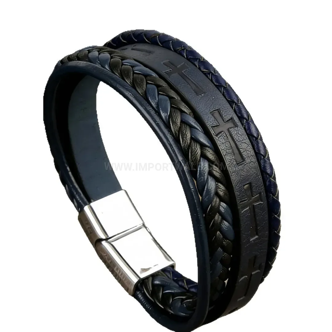 Stylish Multi-Layer Woven Leather Bracelet with Patterned Cross Charm