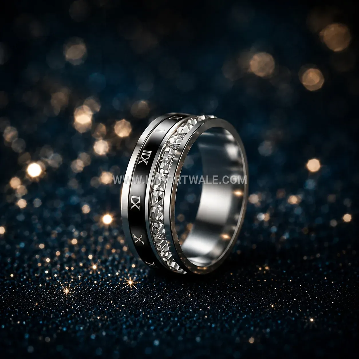 Roman Numeral Rhinestone Stainless Steel Spinner Band Ring
