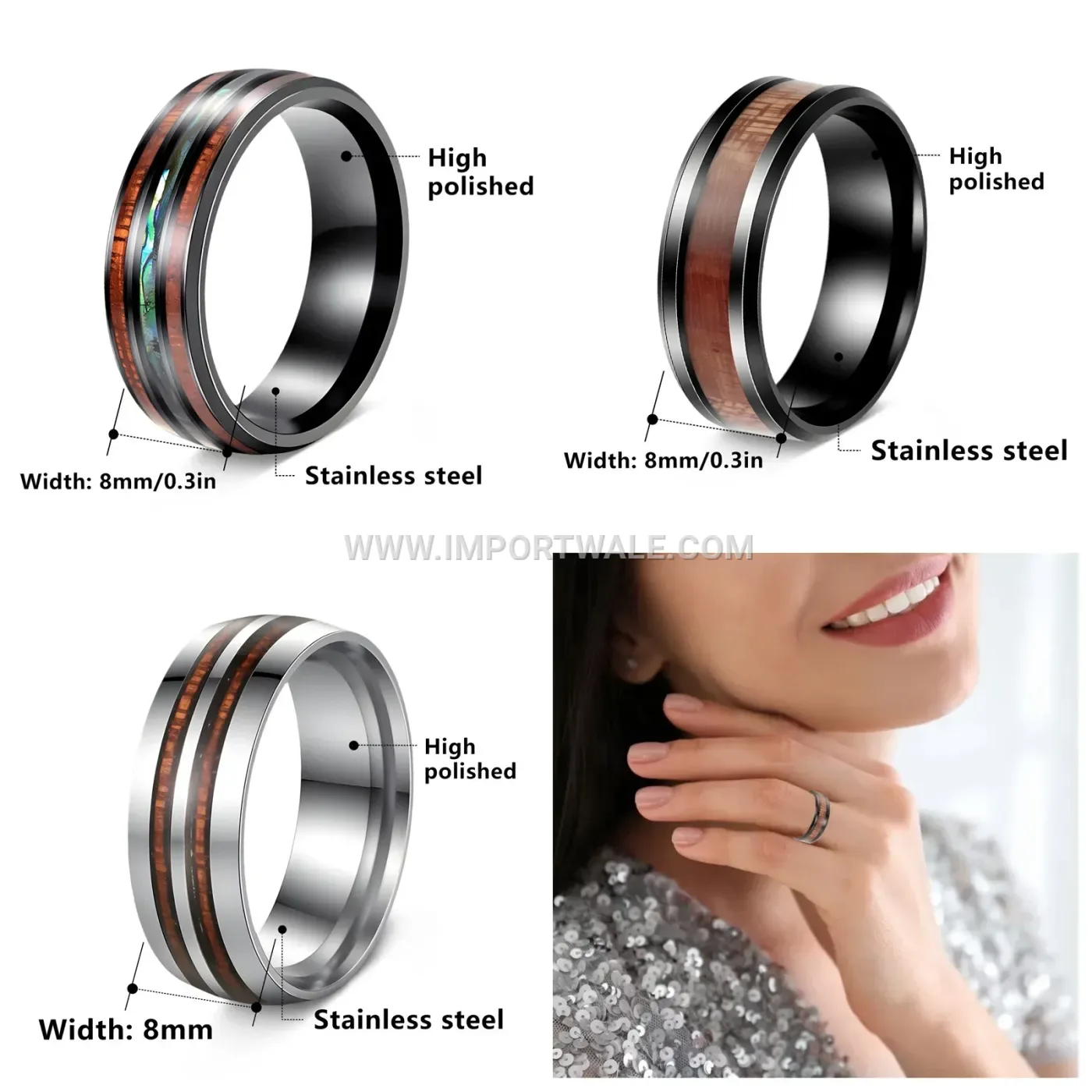 Hawaiian Koa Wood Inlay Stainless Steel Ring