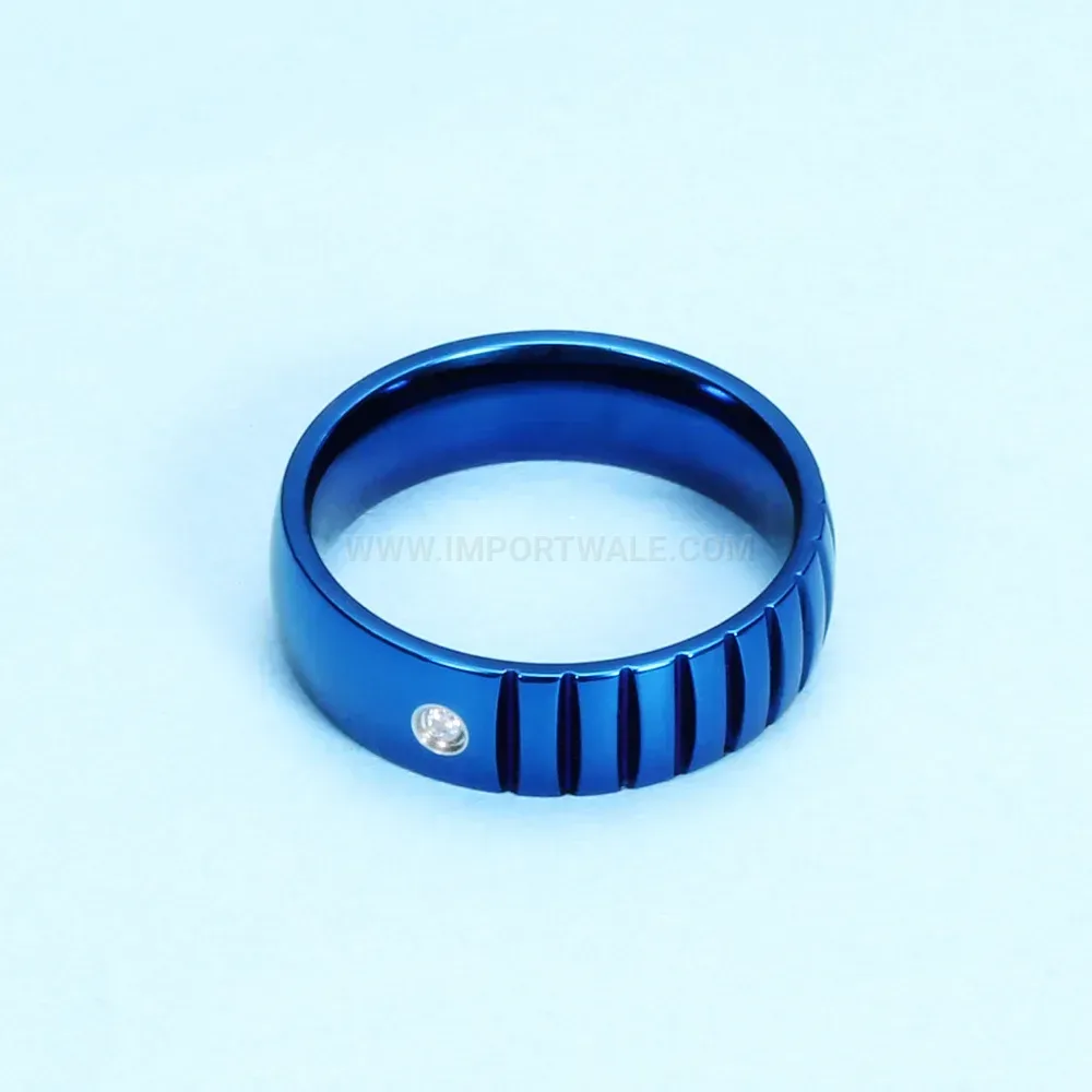 Classic Blue Grooved Stainless Steel Crystal Inlay Band Ring
