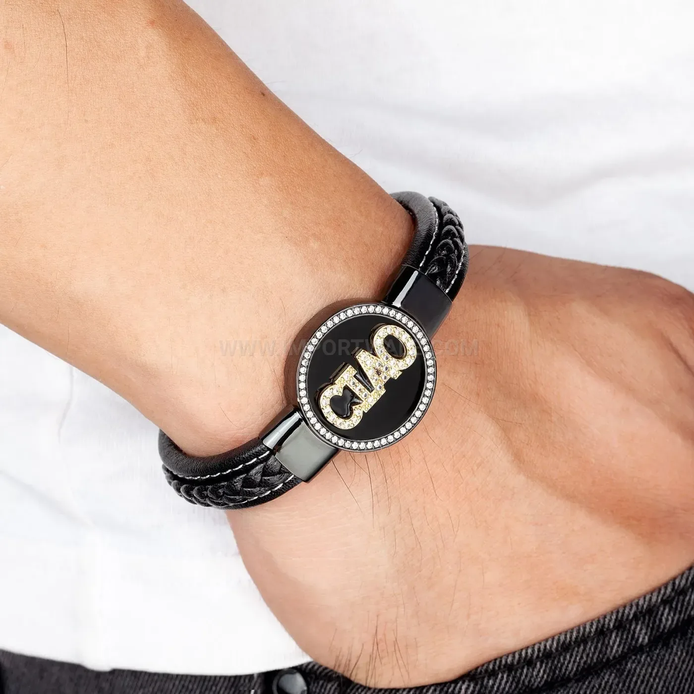 Minimalist Round Stone Leather Cord Stainless Steel Bracelet