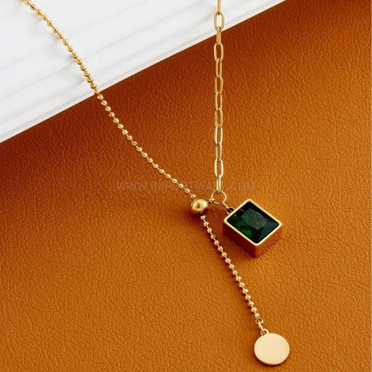 Chic Adjustable Gold Titanium Steel Green Stone Pendant Necklace