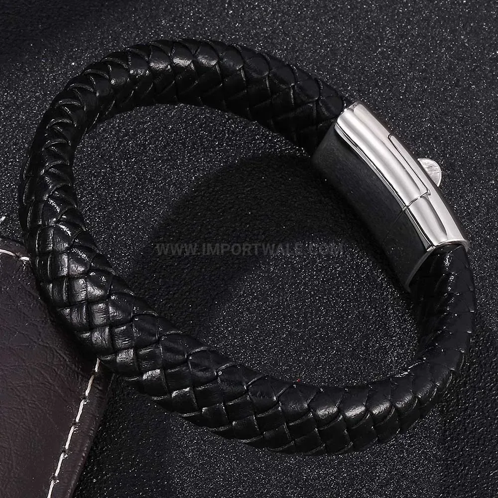 Skull Accent Braided Leather Stainless Steel Men Bracelet