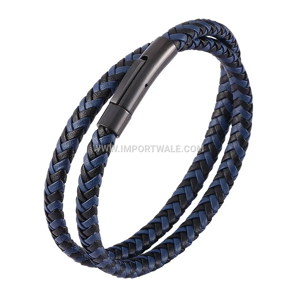 Dual Strand Braided Leather Stainless Steel Magnetic Clasp Bracelet