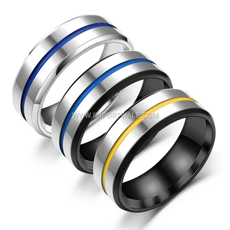 Stainless Steel Beveled Edge Band Ring with Enamel Line Detail