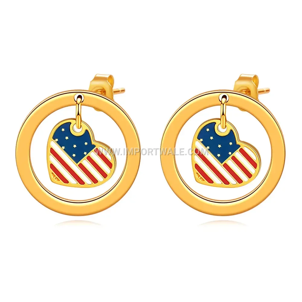Hollow Heart Stainless Steel Flag Motif Circle Drop Earrings