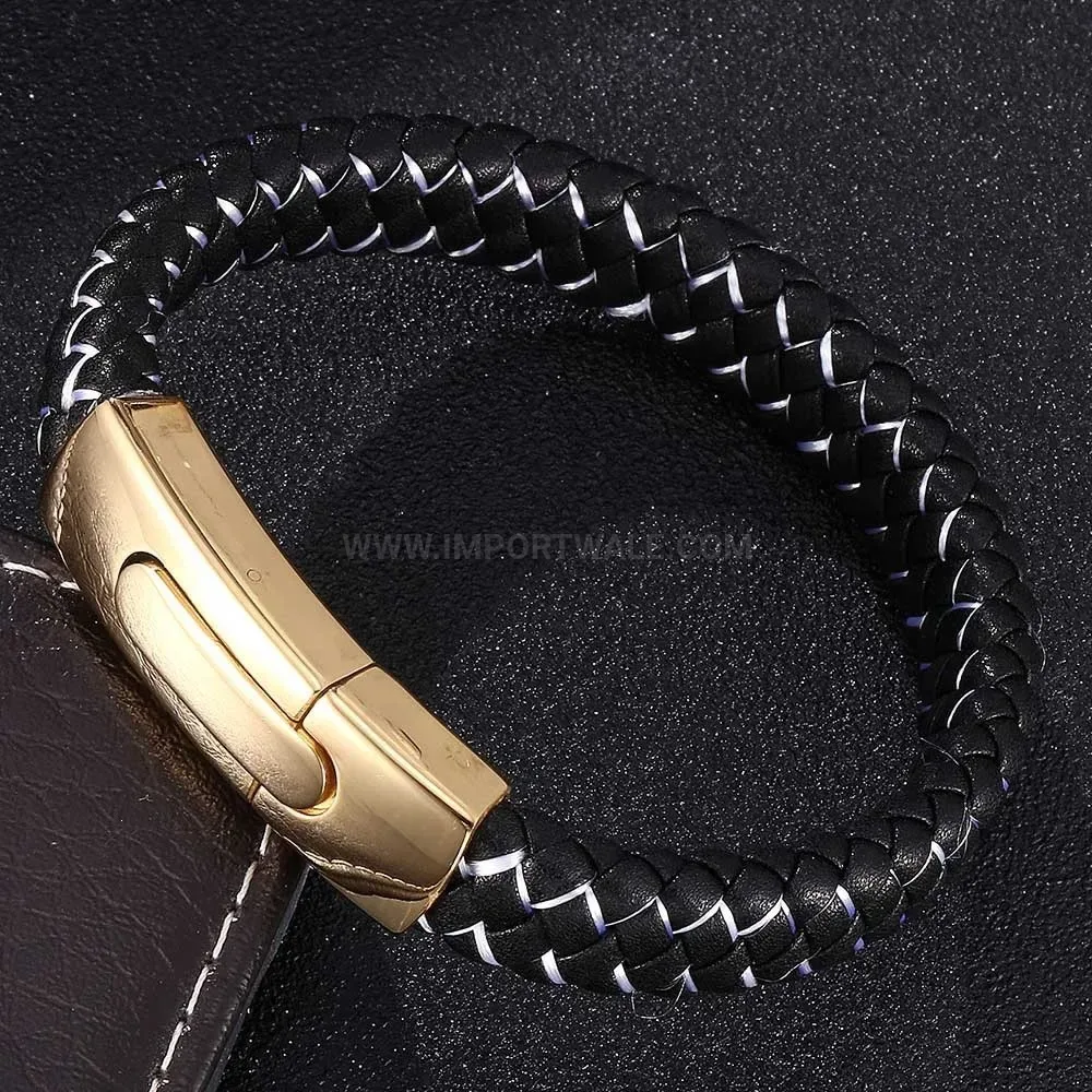 Braided Leather Wristband with Stainless Steel Snap Clasp