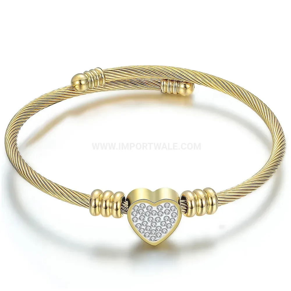 Stylish Stainless Steel Rhinestone Heart Cable Cuff Bangle Bracelet