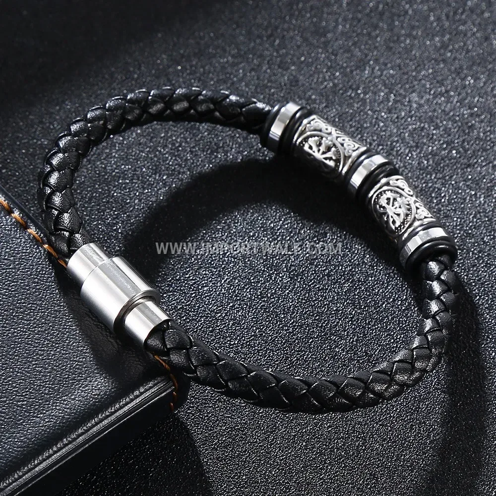 Woven Braided Leather and Stainless Steel Charm Bracelet