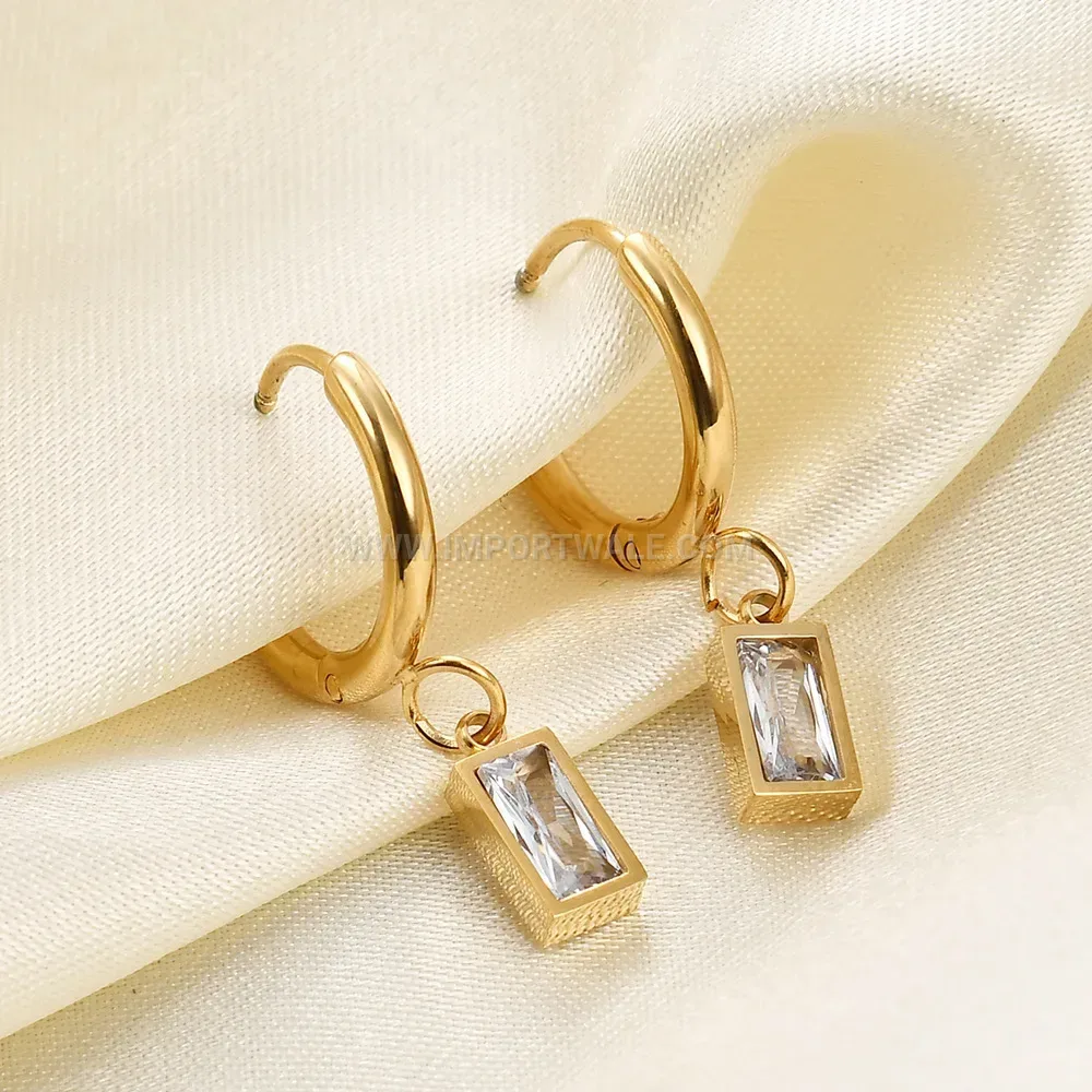 Gold Plated Stainless Steel Huggie Earrings with Zircon Accent