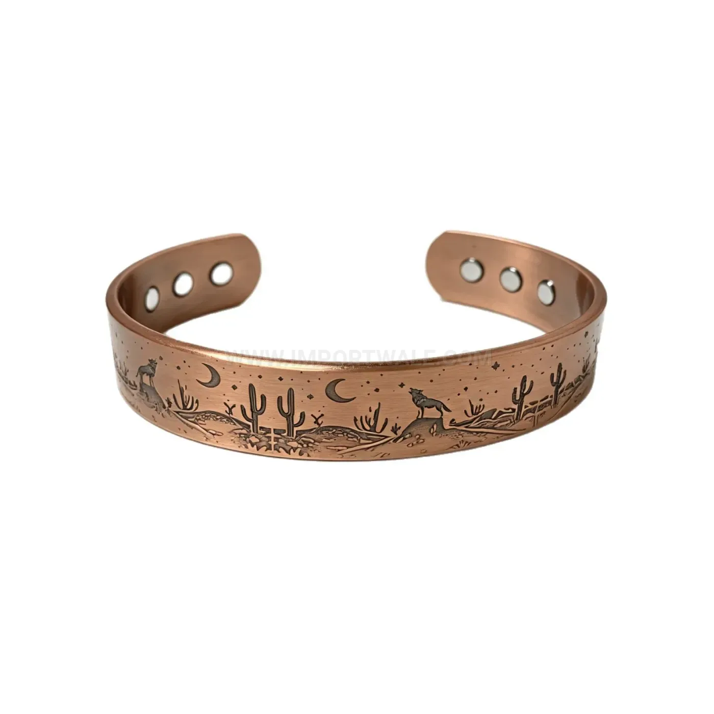 Engraved Desert Wolf Night Scene Copper Magnetic Cuff