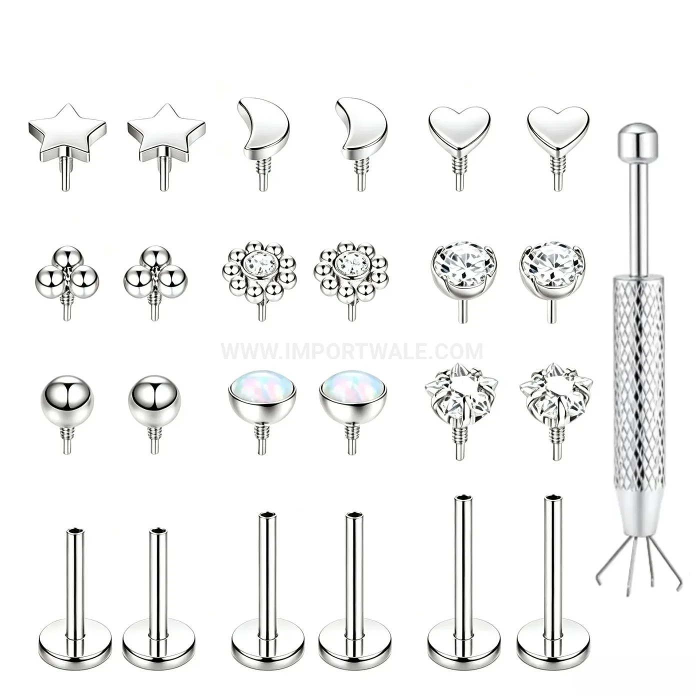 Classic Stainless Steel Flat Back Internal Thread Gemmed Nose Stud Piercing