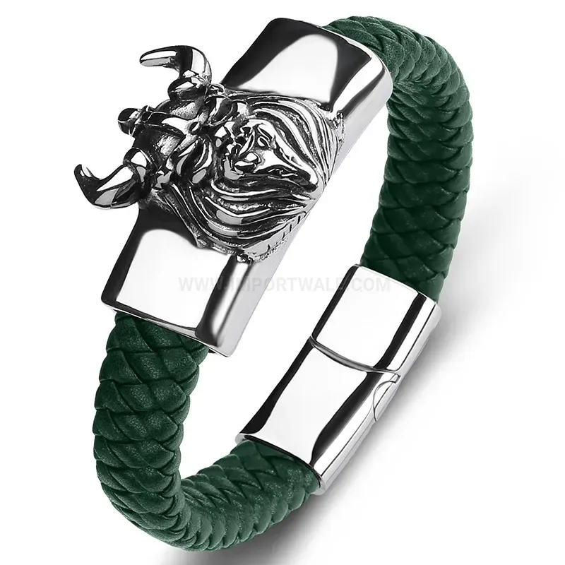 Premium Multicolor Leather Stainless Steel Bull Head Men Bracelet