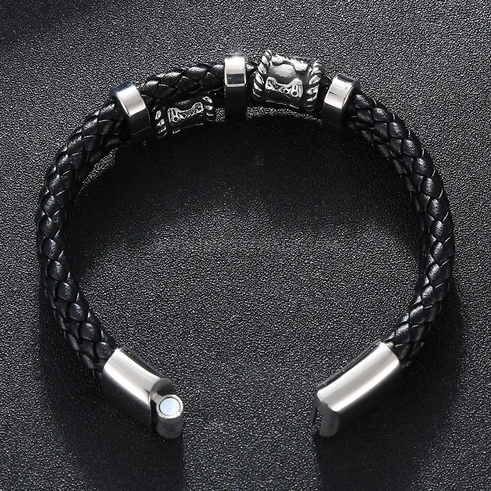 Braided Leather Stainless Steel Clasp Men Cuff Bracelet