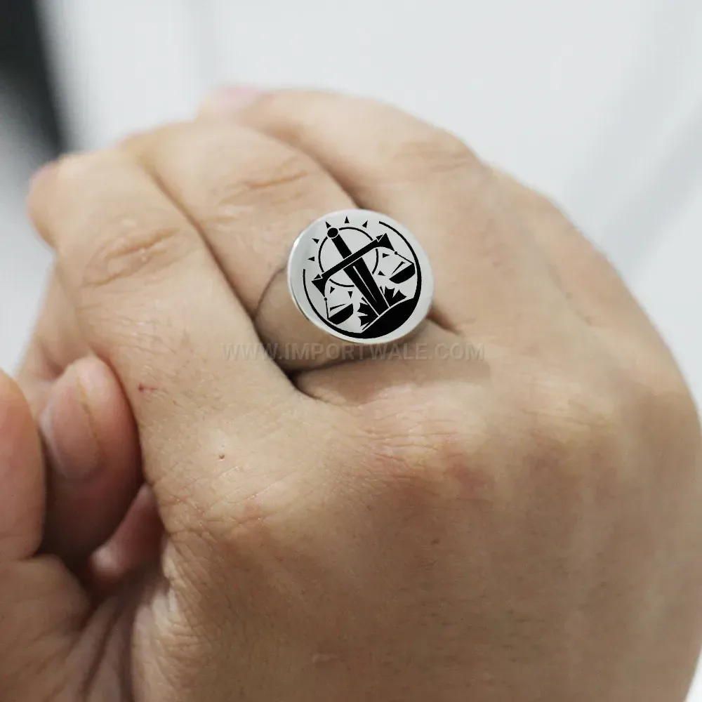 Bold Engraved Stainless Steel Sun and Scales Signet Ring