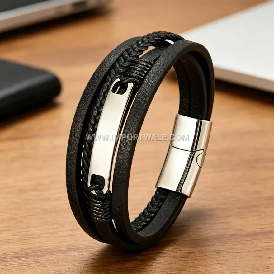 Stainless Steel Accent Braided Leather Punk Bracelet