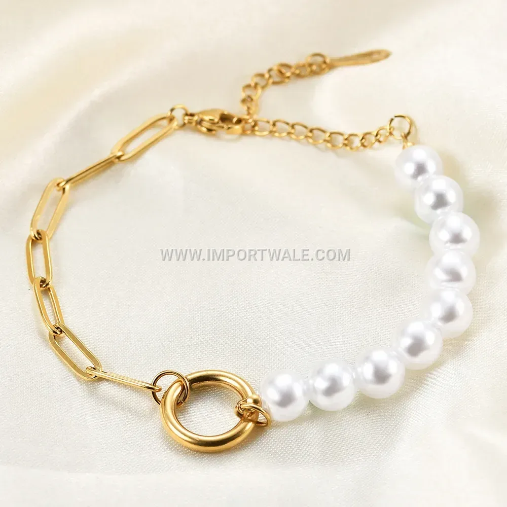 Faux Pearl Safety Pin Chain Stainless Steel Bracelet