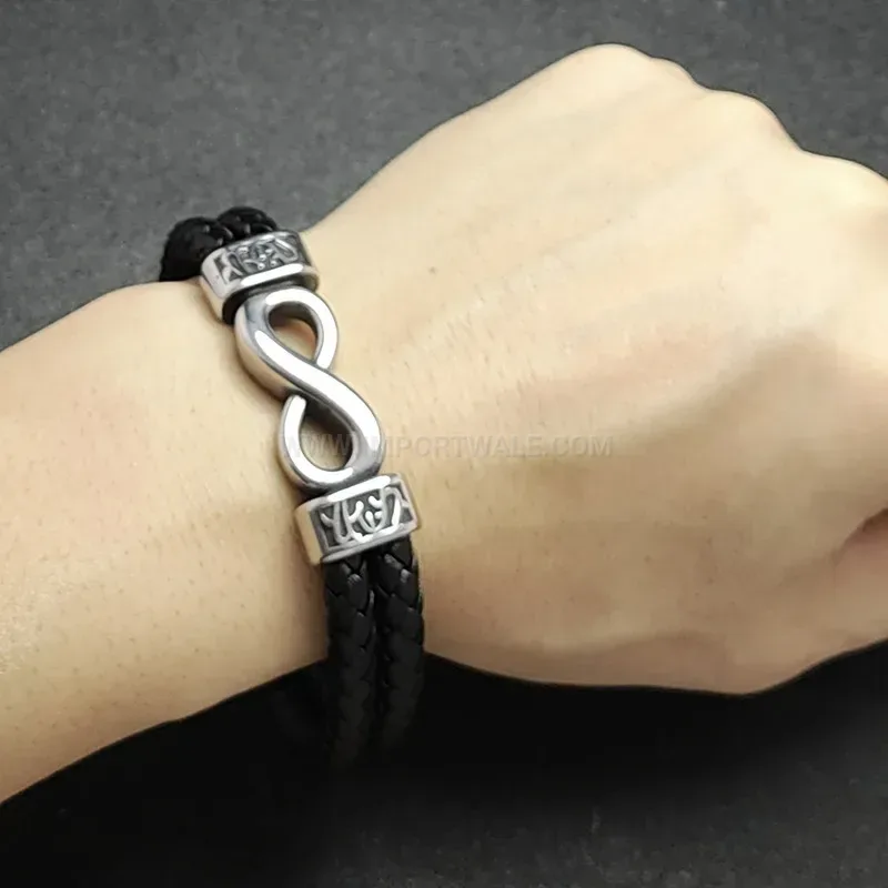 Bold Infinity Symbol Stainless Steel Leather Braided Men Wristband